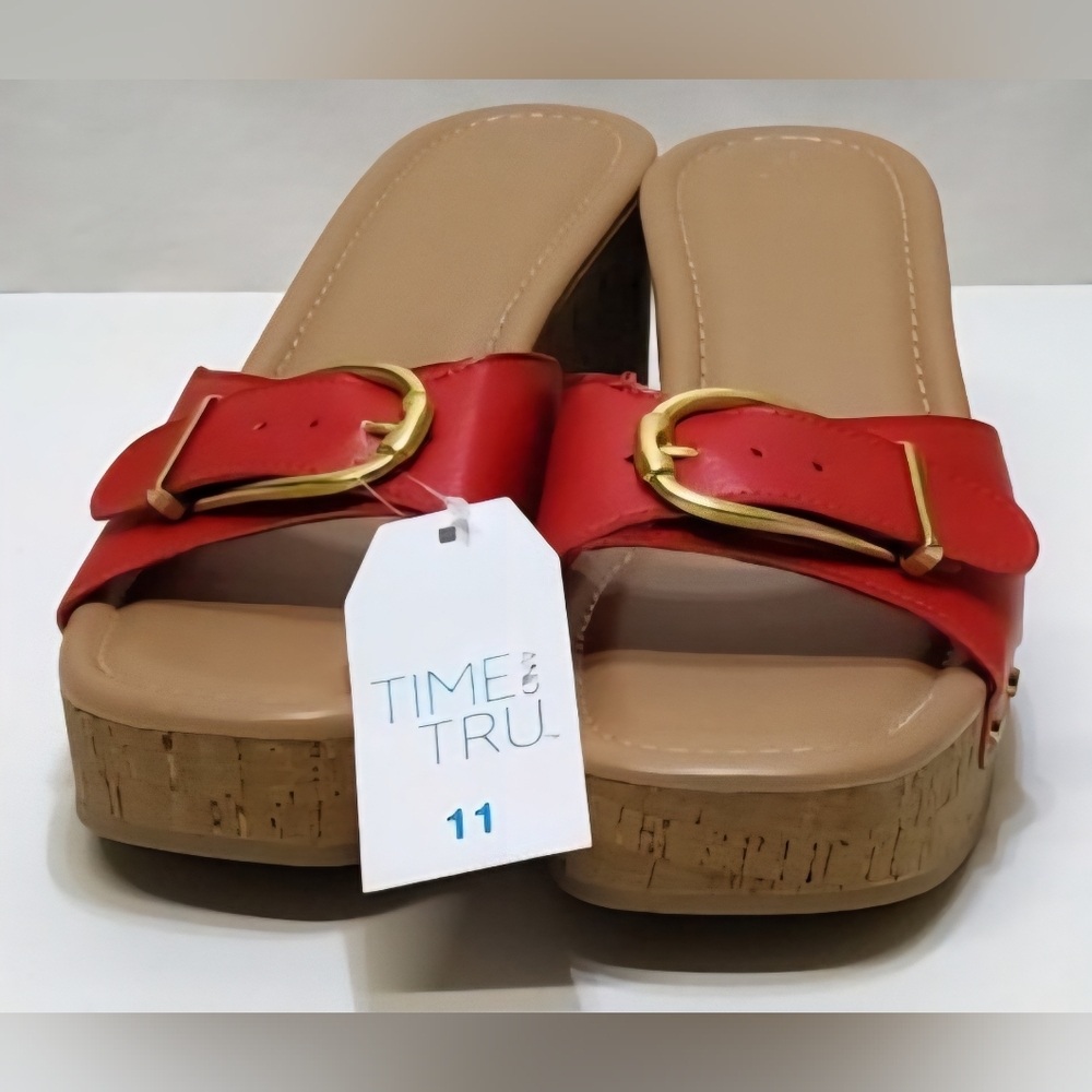 Time and Tru Women's Red Buckle Cork Platform Sandal - Picture 6 of 11